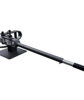 Compact Bench Top Metal Bender With 7 Dies, Manual Flat Bar Bender, shown with long handle and mounted base.