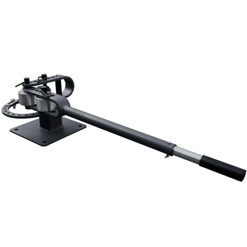 Compact Bench Top Metal Bender With 7 Dies, Manual Flat Bar Bender, shown with long handle and mounted base.