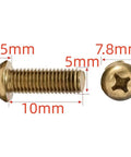 Premium M5 X 10mm Brass Phillips Pan Head Machine Screws displayed with measurements for electronics and DIY projects.