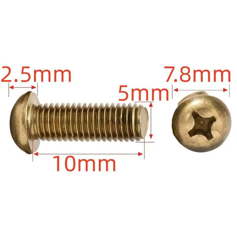 Premium M5 X 10mm Brass Phillips Pan Head Machine Screws displayed with measurements for electronics and DIY projects.