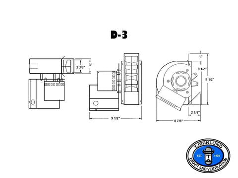 Technical drawing of D Three Inline Draft Inducer Fan For Vertical Vent Systems All Fuels Solves Venting Woes