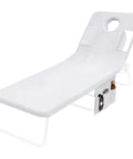 Large Tanning Chair Towel With Face Hole And Pocket, Oversized Beach Pool Lounge Seat Cover For Outdoor Patio And Summer Use, 35.5 Inches By 74.8 Inches, Chair Not Included shown on a chaise lounge chair from a side angle.