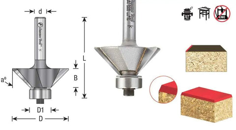 Pro Grade Carbide Tipped Chamfer Router Bit With Ball Bearing, 3 Flutes, 45 Degree Bevel, 15/16 Inch Diameter, 7/16 Inch Cutting Height, 1/4 Inch Shank, Flush Trim Style For Precise Bevels