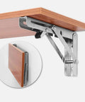 Heavy Duty Stainless Steel Shelf Brackets 2 Pack Bright Silver Folding Wall Mounts supporting a wooden shelf.