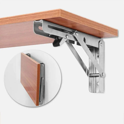 Heavy Duty Stainless Steel Shelf Brackets 2 Pack Bright Silver Folding Wall Mounts supporting a wooden shelf.