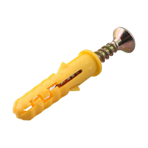 Close-up of a yellow screw and anchor from a Heavy Duty 50 Piece Drywall Anchors And Screws Kit For Plasterboard Walls.