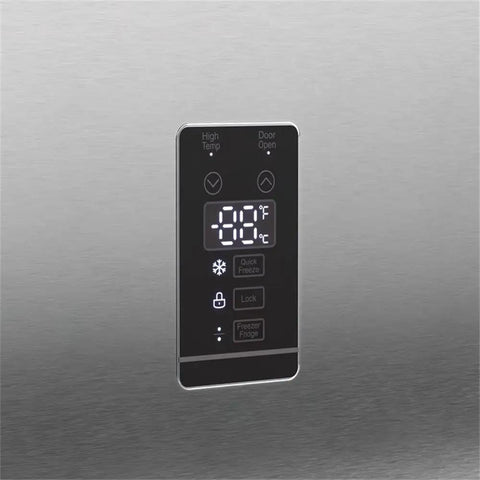 Control panel for Hella Roomy 21 Cu Ft Upright Refrigerator Freezer Combo, digital display and temperature controls.