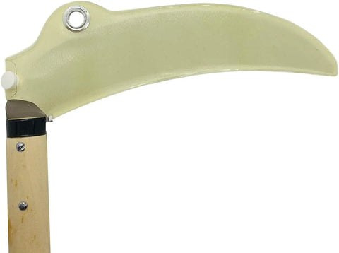 Grass Sickle Garden Tool 7.6 Inch Japanese Style Kama with stainless steel blade and wood handle, side view.