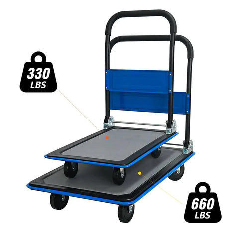 Foldable Platform Cart 330 Lb Load Capacity With 360 Degree Swivel Silent TPR Wheels Heavy Duty Steel Flatbed Dolly Collapsible Hand Truck For Warehouse Office Garage Blue, blue steel flatbed cart with foldable handle