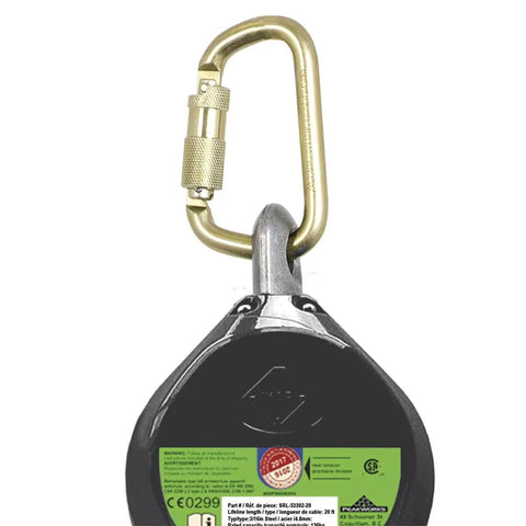 Self Retracting Lifeline For Fall Protection With Webbing And Snap Hook 6 Foot Length Black And Green Heavy Duty Safety Gear close-up