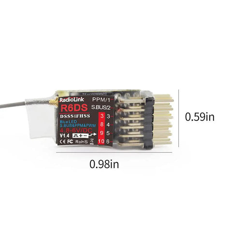Rock Solid 2.4GHz RC Receiver For Drone And Fixed Wing, 6/10 Channel SBUS PWM PPM Outputs with labels and dimensions