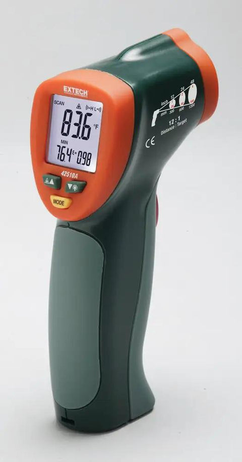 Pocket Size Infrared Thermometer with wide temperature range, ergonomic design, displays readings, folds for easy storage.