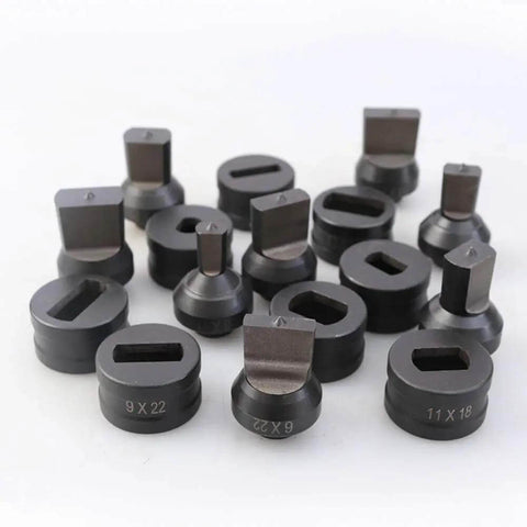 Hydraulic Slotted Die Set For CH60 Punching Machine Includes A Wide Range Of Die Sizes From 5.5x20mm To 14.5x22mm on display.
