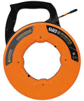 High Flex 75 Foot Tri Strand Polyester Fish Tape with black handle, designed for smooth electrical wire pulling through walls.