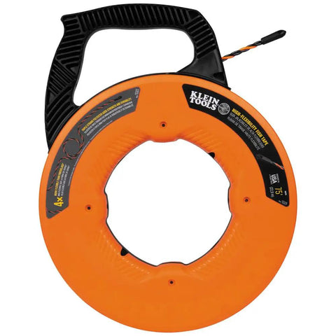 High Flex 75 Foot Tri Strand Polyester Fish Tape with black handle, designed for smooth electrical wire pulling through walls.