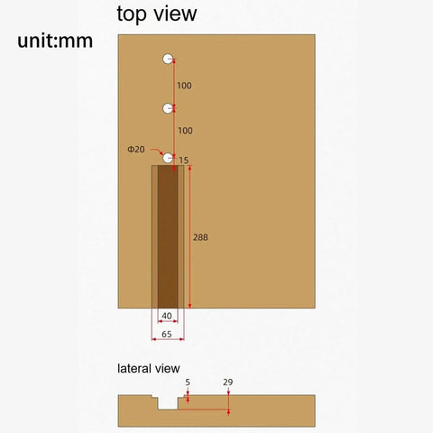 Top and lateral view diagram showing dimensions of Hella Adjustable Aluminum Tail Vise Delivers Badass Woodworking Clamping Grip.