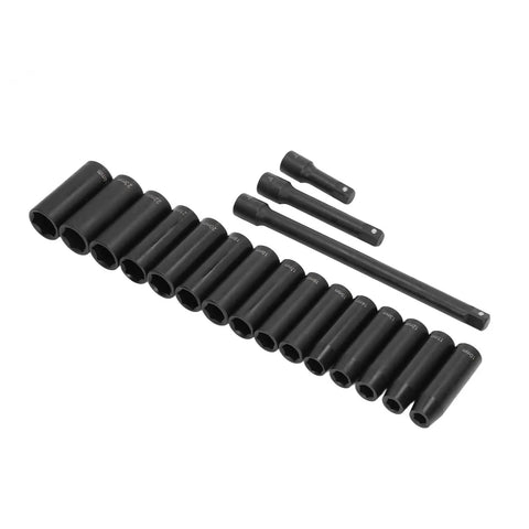 Huge 18 Piece Deep Impact Socket Set 10-24mm Hex Wrench Kit For Car Repair, Machine Maintenance Plus 3 Extension Bars And Neat Storage Box To Tackle Any Tough Job Like A Boss, black steel sockets