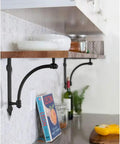 Heavy Duty Cast Iron Shelf Brackets 2 Pack Black 9.6 by 1.7 by 9.6 Inch Industrial Style Mounting Brackets in kitchen setup