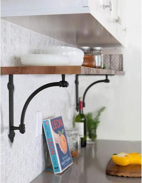 Heavy Duty Cast Iron Shelf Brackets 2 Pack Black 9.6 by 1.7 by 9.6 Inch Industrial Style Mounting Brackets in kitchen setup