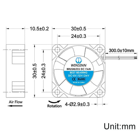 Technical diagram of Beefy 30X10mm 24V Brushless Cooling Fan With Hydraulic Bearing And 10000 RPM For Industrial Equipment, dimensions shown.