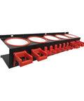 Heavy Duty Galvanized Spray Bottle Wall Mount Rack With Triple Hanging Hooks For Garage Car Wash Cleanup And Shop Storage To Keep Your Gear Sorted And Your Setup On Point, featuring five storage compartments and red hooks.