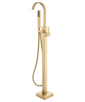 Gold Floor Mount Freestanding Bathtub Faucet Set with handheld shower, modern design, and square base.