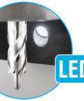 CS Unitec MAB 155PRO magnetic drill; close-up of twist drill in steel with LED indicator.