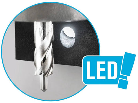 CS Unitec MAB 155PRO magnetic drill; close-up of twist drill in steel with LED indicator.