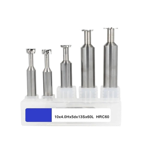 Tungsten steel milling cutters, front view: five tools in a white plastic holder; labeled 10x4.0Hx5dx13Sx60L HRC60.