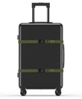 Beefy 2 Pack Luggage Straps With Quick Release Buckles, Heavy Duty 1 Inch Nylon Straps For Backpacking, Sleeping Bag Compression, Camping And Hiking, 48 Inch Length, Army Green Not For Towing secured on a black suitcase.