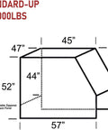 Clear forklift cover diagram with dimensions: 57 in base width, 52 in height, adjustable back panel.
