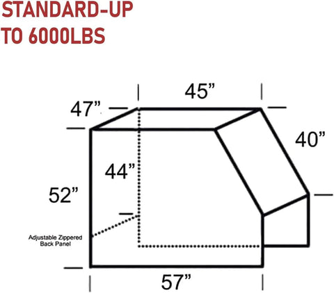Clear forklift cover diagram with dimensions: 57 in base width, 52 in height, adjustable back panel.