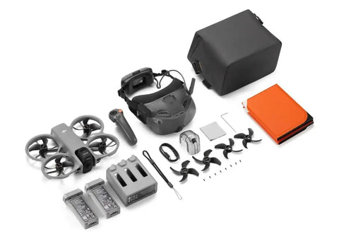 Collection of 360 Motion Drone Fly More Kit With Goggles N3 And RC Motion 3, propeller guard, and accessories displayed on white background