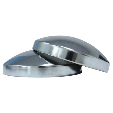 Rear Wheel Hub Cap Covers For Semi Trucks 8 Inch Dome Style Beefy Chrome Finish 4 Pack With 8 Inch Outer Diameter And Three Point Five Inch Height Fits Eight And A Half Inch Axle With Five Eighth Inch Inner Studs Compatible With Kenworth Peterbilt, two stacked chrome caps