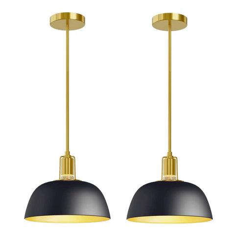 11 Inch Black Metal Dome Shade Pendant Lighting Fixture With Polished Gold Rod Kit E26 2 Pack Industrial Modern Ceiling Light Matte Black Exterior
