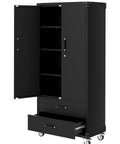 Beefy 72 Inch Metal Storage Cabinet On Wheels With Locking Doors And 2 Drawers open to show shelves