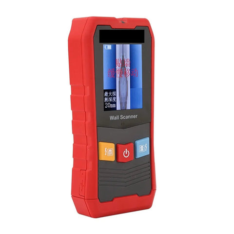 No Nonsense 4 In 1 Stud Finder Wall Scanner red handheld device with display, buttons for detecting wires and pipes.