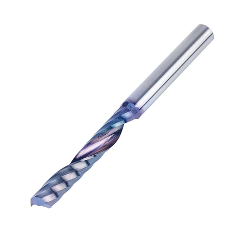 SpeTool blue-coated single-flute end mill, 1/4" shank, 3" solid carbide, upcut spiral milling bit