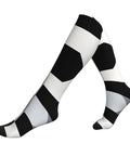 High Performance Unisex Athletic Compression Socks Featuring Graded Ankle Support Breathable Moisture Wicking Fabric Black White Piano Plate Grid Design side view