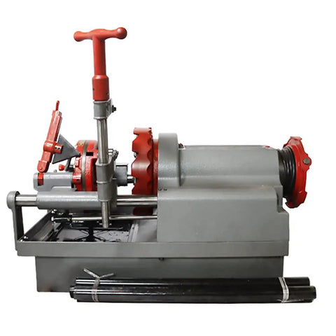 Pro Grade 110V Electric Pipe Threading Machine 750W Motor with red accents, designed for 1/2 to 3 inch pipe cutting and reaming.