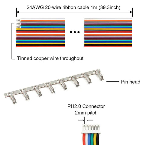 PH 2.0 Wire Kit With Pin Headers And Ribbon Cable, 2.0mm Pitch, 1m 20-wire ribbon, detailed view of pin header and connector
