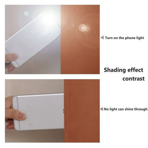 Comparison of light blocking by Burnt Orange 100 Percent Blackout Window Curtain Panel With Silver Grommets, 52 Inches Wide By 84 Inches Drop, Thermal Insulated With Black Liner For Nursery; upper with light, lower without light.