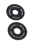 Solid As A Rock Aluminum Router Lift System With Four Precision Insert Rings 69 Mm Bore And Smooth Micro Height Dial For Fast Woodworking Table Top Jobs That Nails Every Cut - two black precision insert rings, sizes marked.