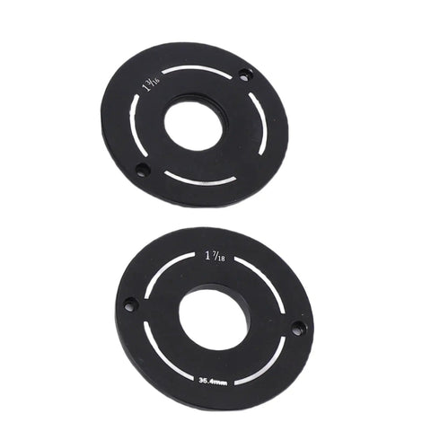 Solid As A Rock Aluminum Router Lift System With Four Precision Insert Rings 69 Mm Bore And Smooth Micro Height Dial For Fast Woodworking Table Top Jobs That Nails Every Cut - two black precision insert rings, sizes marked.