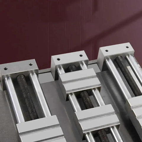 Close-up of Tough As Nails CNC Bench Vise Offering Rock Solid Clamping And Thickened Hardened Screw Rod for Precision Machining.