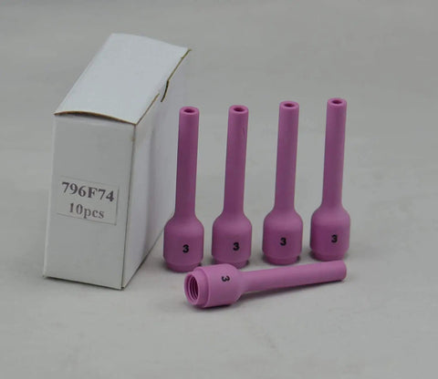 Pro Grade Long TIG Alumina Nozzle Ceramic Cup Set 796F74 3XL 3 16th Inch 796F75 4XL 1 Quarter Inch displayed with box
