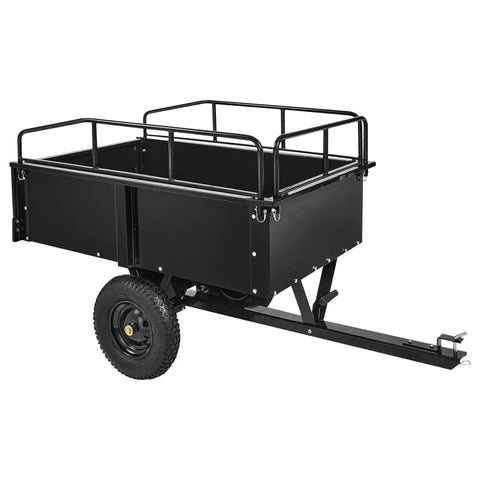 Beefy Heavy Duty Steel Dump Cart For ATVs And UTVs, 1500 Lb Capacity, 15 Cu Ft Open Box, all terrain tires, black steel