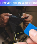 Close-up of using Automatic Needle Threader Kit For Hand Sewing And Embroidery, No Fuss Threading With Any Needle Size.