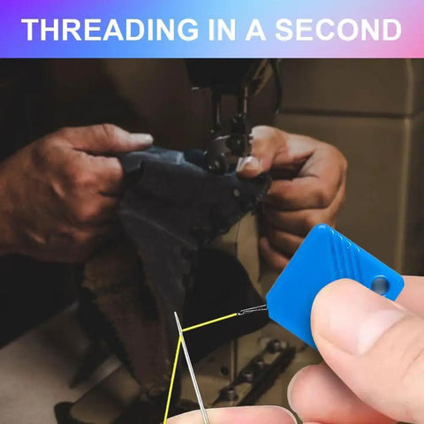 Close-up of using Automatic Needle Threader Kit For Hand Sewing And Embroidery, No Fuss Threading With Any Needle Size.