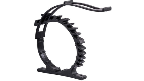 Black rubber clamp ring for mounting tools, circular frame with toothed inner surface, base feet, fits 2.5-7.5 in diameter